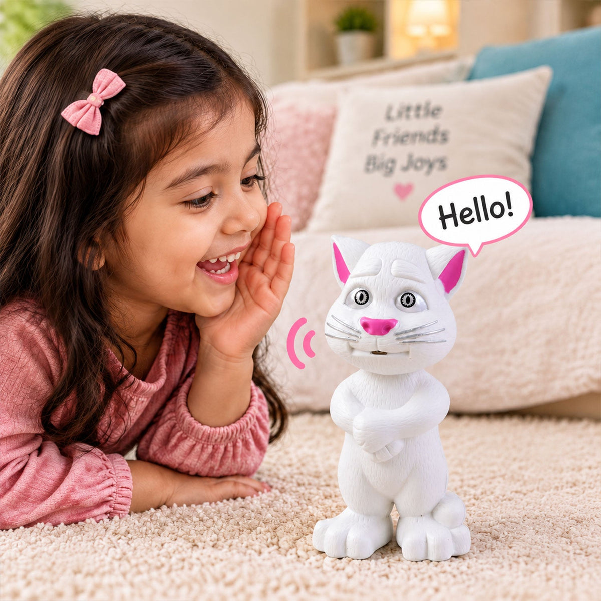 A young girl in a pink shirt smiles at a white cat toy with pink ears and nose, saying "Hello!" in a speech bubble.