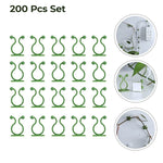 Multiple plant climbing clips supporting a growing vine on a textured wall.