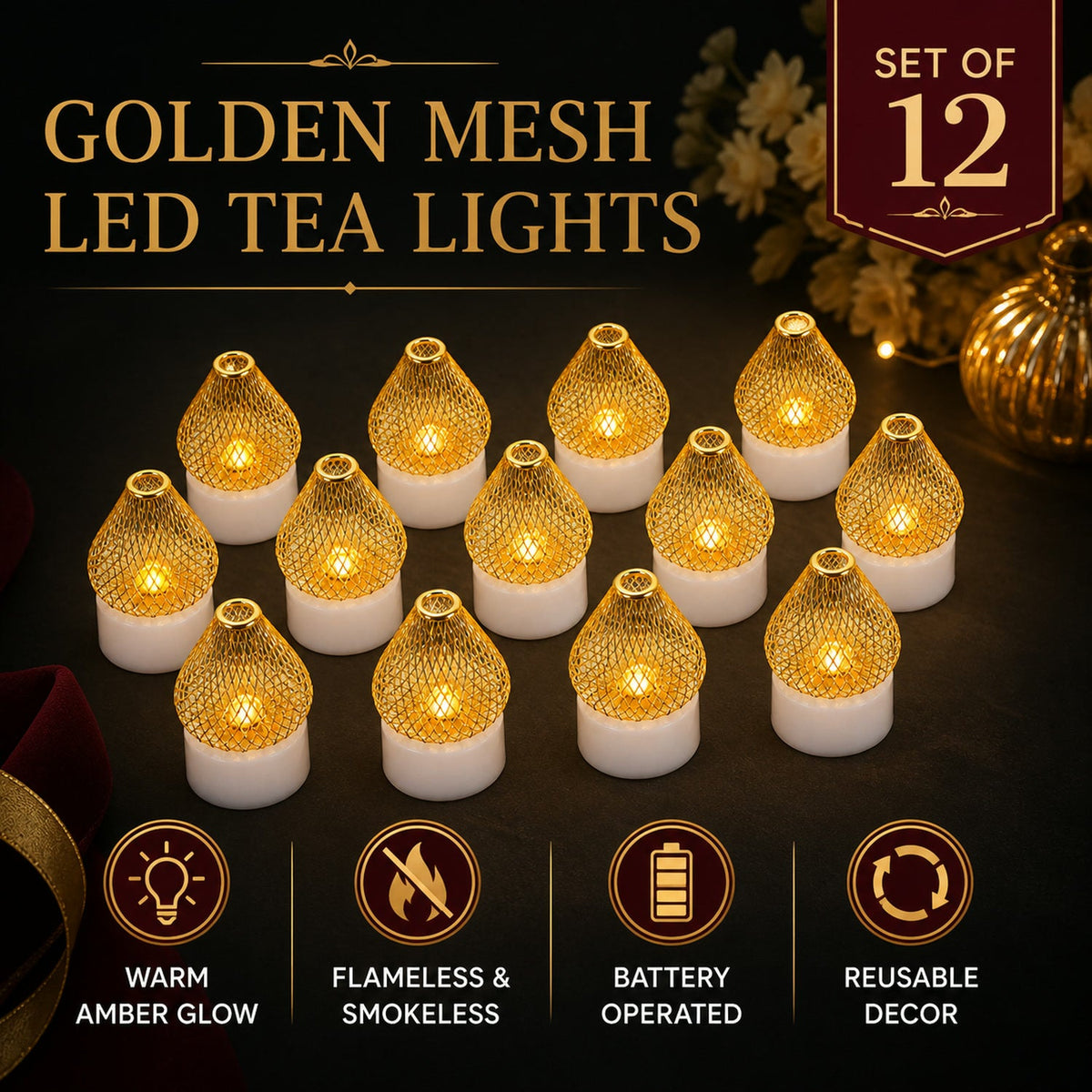 Twelve golden mesh LED tea lights with features like warm amber glow, flameless, and battery operated.