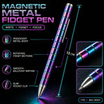 A graphic displaying the magnetic metal fidget pen with its features, including an iridescent body and rotating sections,