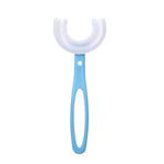 A single blue U-shaped toothbrush with white bristles is centered on a white background.