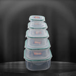 Side view of five versatile kitchen storage containers with snap-lock lids.