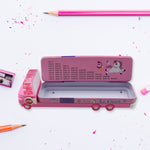 Front view of the detailed Kids Truck Pencil Case, showcasing its movable wheels and sturdy metal design.