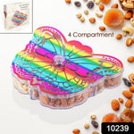 Open butterfly dry fruit box revealing four separate sections for assorted nuts and candies.