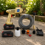 An exploded view of the gold pressure washer gun and all its components, labeled with numbers and descriptions.