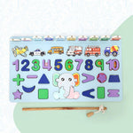 Detailed view of the magnetic rod and wooden number pieces of the puzzle.