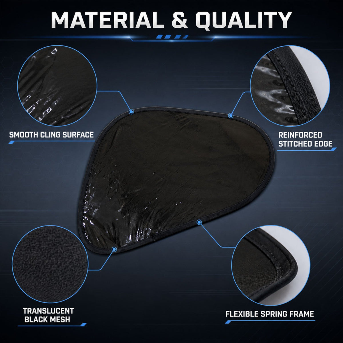 Diagram detailing the material and quality of the black mesh sun shade, including its cling surface and frame.