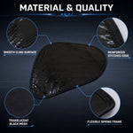 Diagram detailing the material and quality of the black mesh sun shade, including its cling surface and frame.