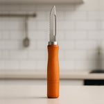 Quickslice wooden handle stainless steel vegetable peeler on a clean white background.