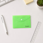 Multiple plastic document folder envelopes in different colours arranged.