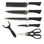 Elegant presentation of the stainless steel knife set with included peeler.