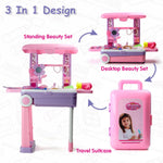 Young girl happily playing with the portable beauty set trolley and its accessories.