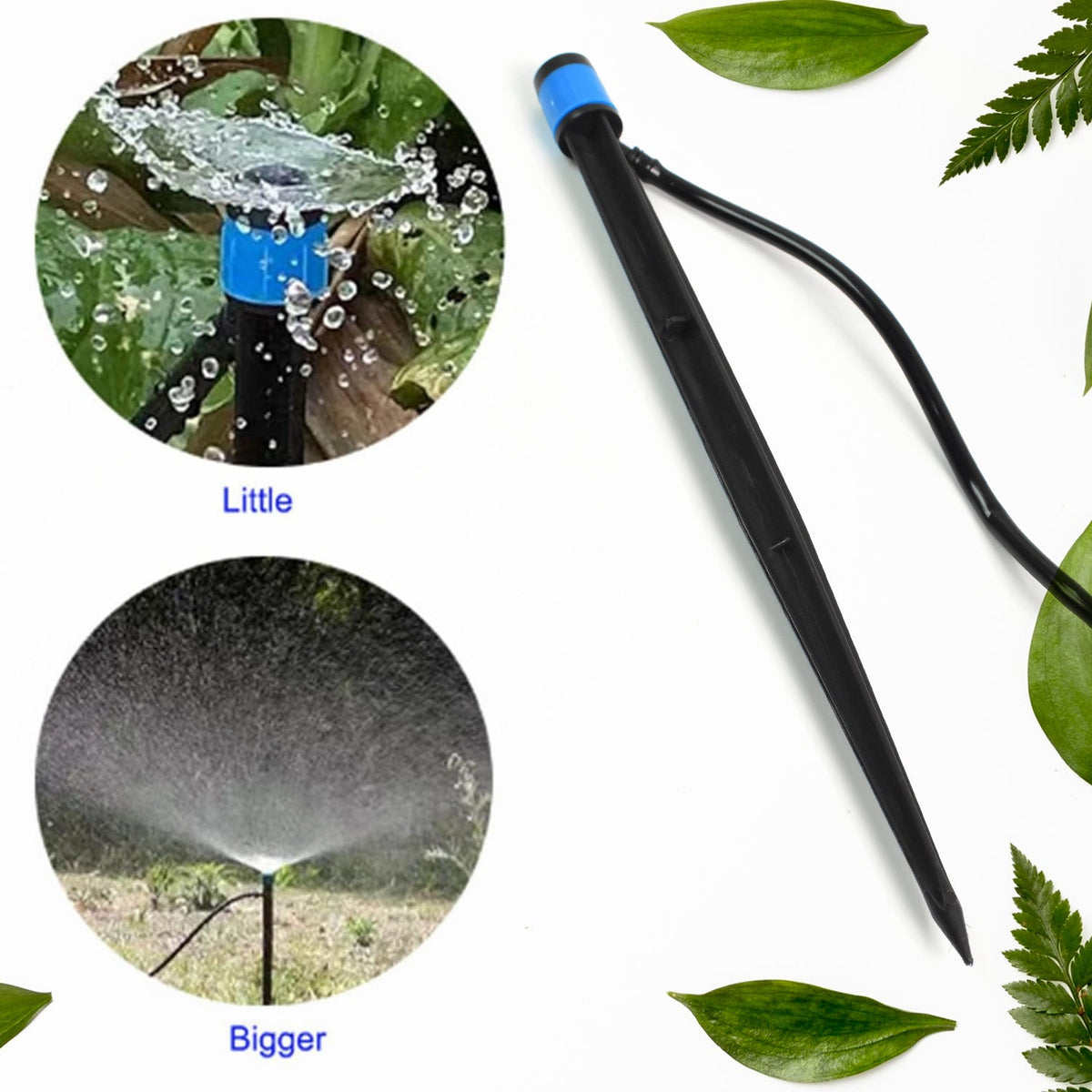 A black and blue water dripper with a thin black hose, surrounded by green leaves, with two circular insets showing – view 3
