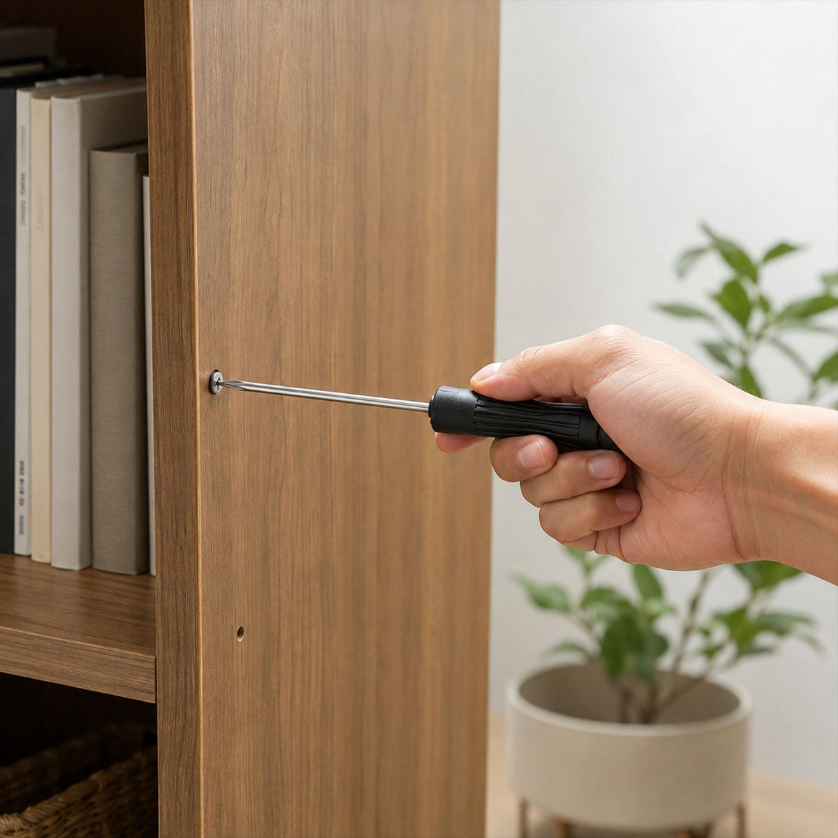 A hand uses a black and silver mini screwdriver to tighten a screw on a wooden shelf.