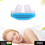 A blue and white anti-snoring nose clip with a sleeping woman, and a "Made in India" label.