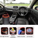 A black foldable bucket with a red rim is placed in a car interior, with four insets demonstrating its multi-use functions.