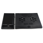 Compact foldable laptop stand with phone holder, ideal for desk and travel.