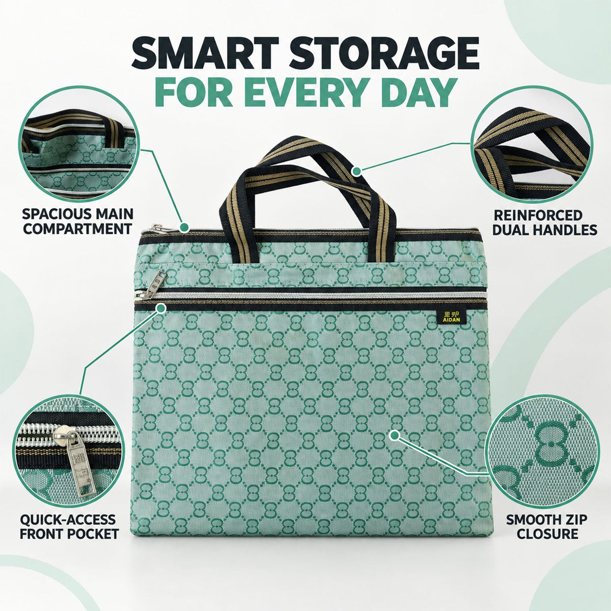 A green patterned document bag with black and gold striped handles, highlighting its features like compartments and zippers.