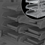 Side view of multi-layer file rack drawers stacked neatly on a shelf.