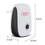 A white and black pest repeller is displayed with its dimensions: 8.5cm height, 5.5cm width, and 6.5cm depth.