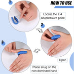 A three-step diagram illustrates how to locate the LI4 acupressure point and place the blue clip on the hand.