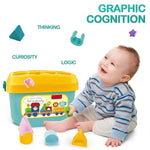 A baby smiles while sitting next to a blue and yellow shape sorter bucket with various colorful blocks and text overlay