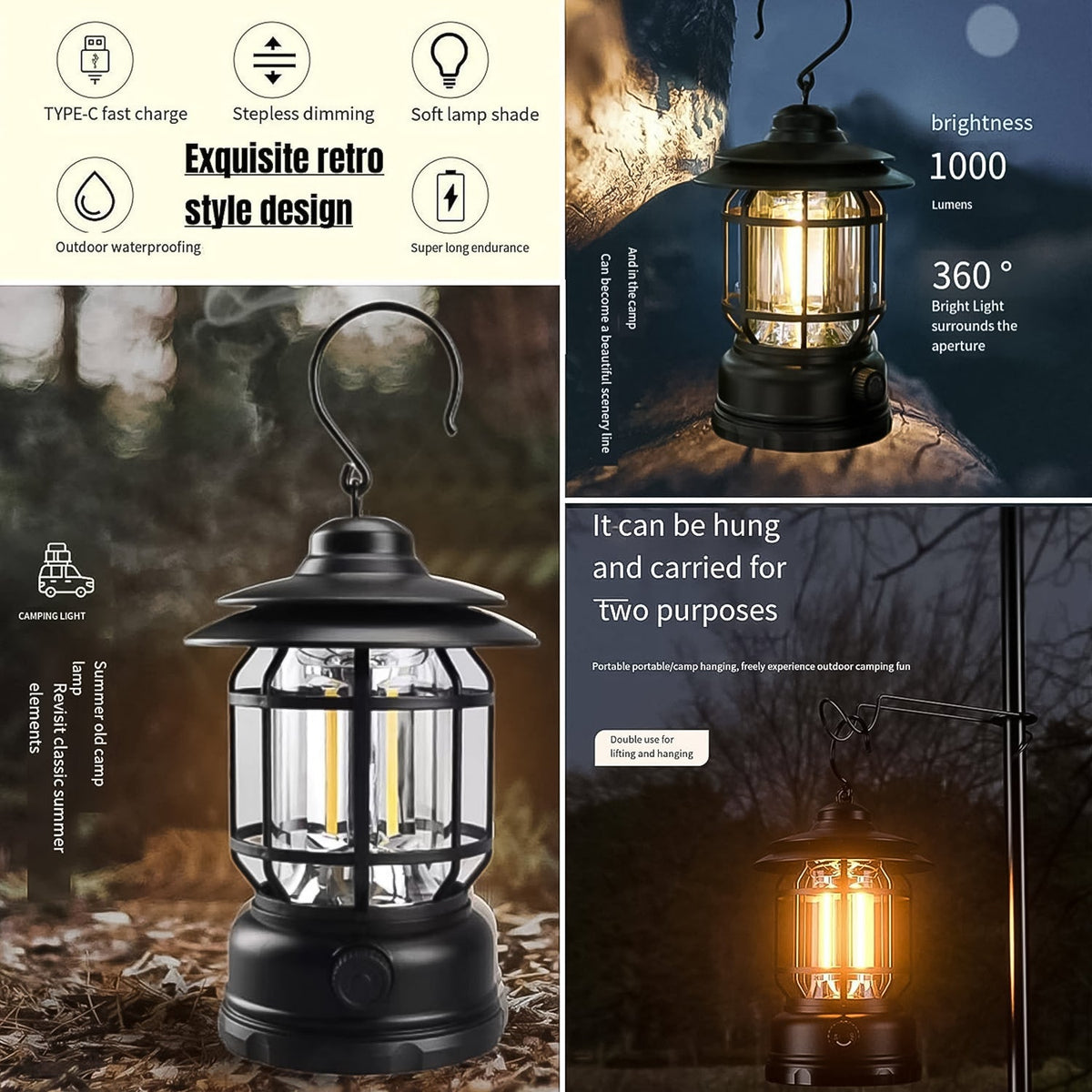 A black retro LED camping lantern is shown with text highlighting its features like Type-C fast charge, dimming, and
