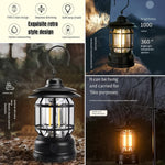 A black retro LED camping lantern is shown with text highlighting its features like Type-C fast charge, dimming, and