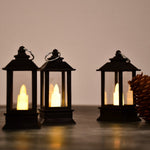 Close-up of a rustic lantern showcasing the realistic flameless candle.