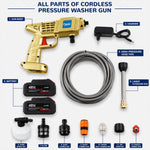 A gold and black cordless pressure washer with a 48V battery, displaying its dimensions of 22.4 cm by 38.2 cm.