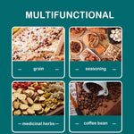 A grid of four images illustrates the grinder's versatility for grinding grain, seasoning, medicinal herbs, and coffee beans.