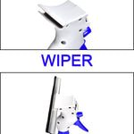 Top: The white and blue spray head. Bottom: The spray head with a black squeegee attached, labeled 'WIPER'.