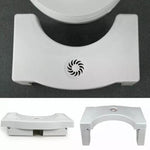 Toilet squat stool in use, highlighting its foldable design and helpful footprint guides.