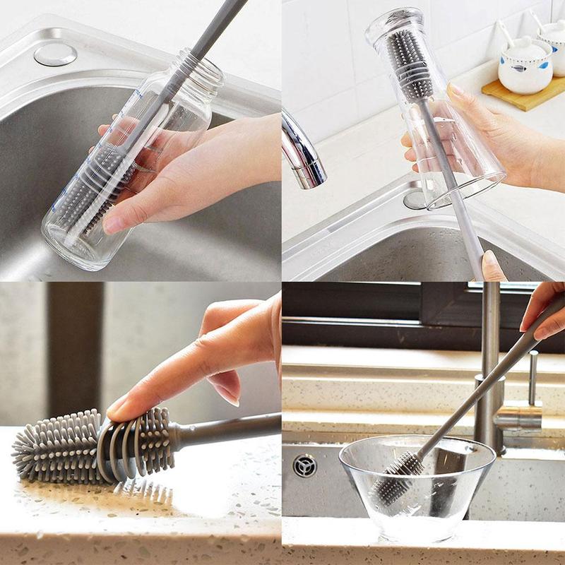 Four square insets showing the grey silicone brush cleaning various bottles and a bowl.