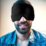 Side view of the grey Migraine Relief Cap on a person, highlighting its full head coverage for effective cooling.