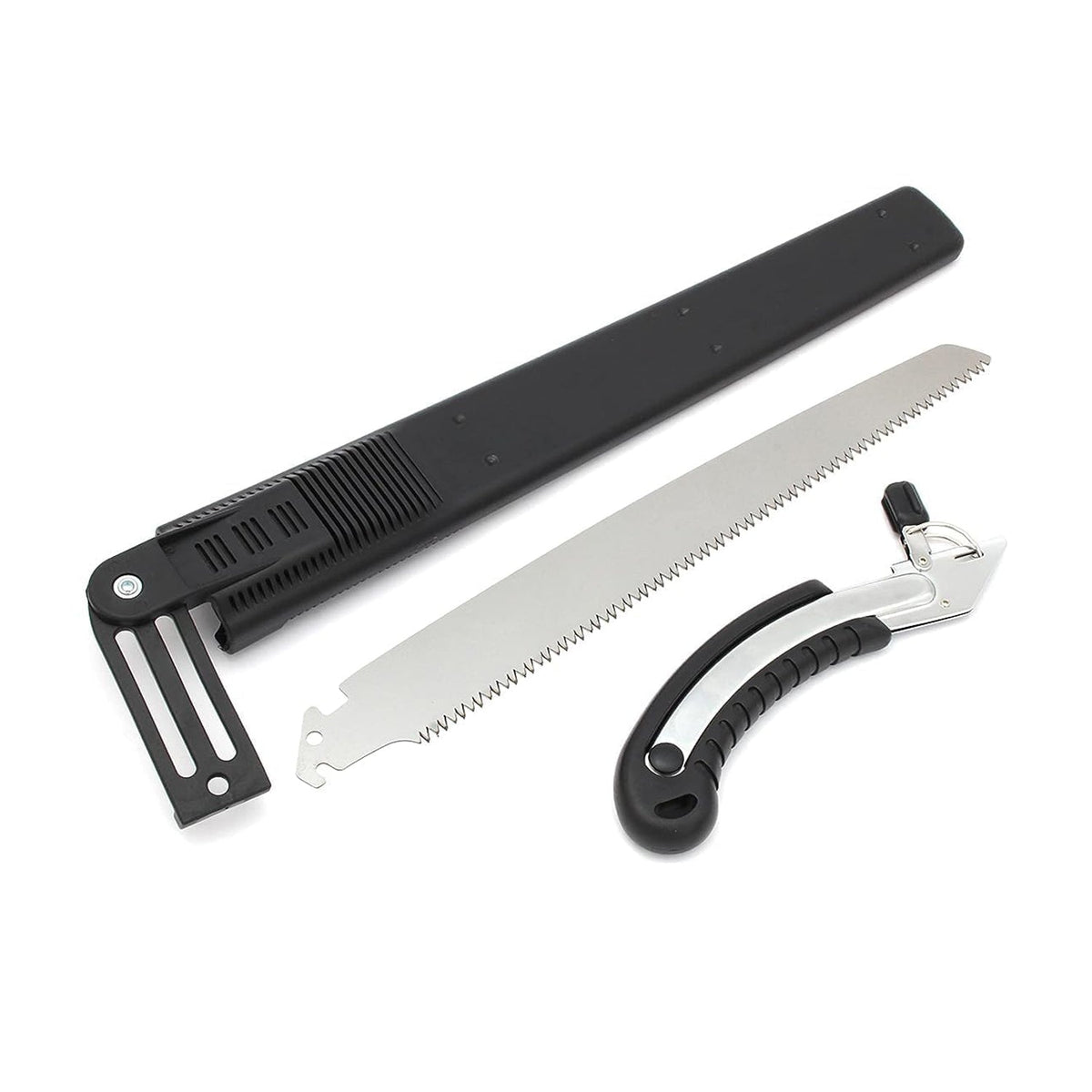 A disassembled silver folding hand saw with its black handle, blade, and black protective cover laid out on a white