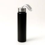 Lightweight stainless steel water bottle with attached strap for portability