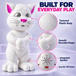 A white plastic cat toy with pink ears and nose, showing close-ups of its textured body, smooth shape, and integrated