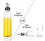 Close-up of the easy-to-use spout on the 1 litre transparent plastic oil dispenser.