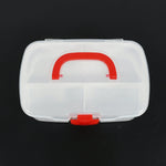 Detail shot of the carrying handle and secure latch mechanism on the portable first aid kit box.
