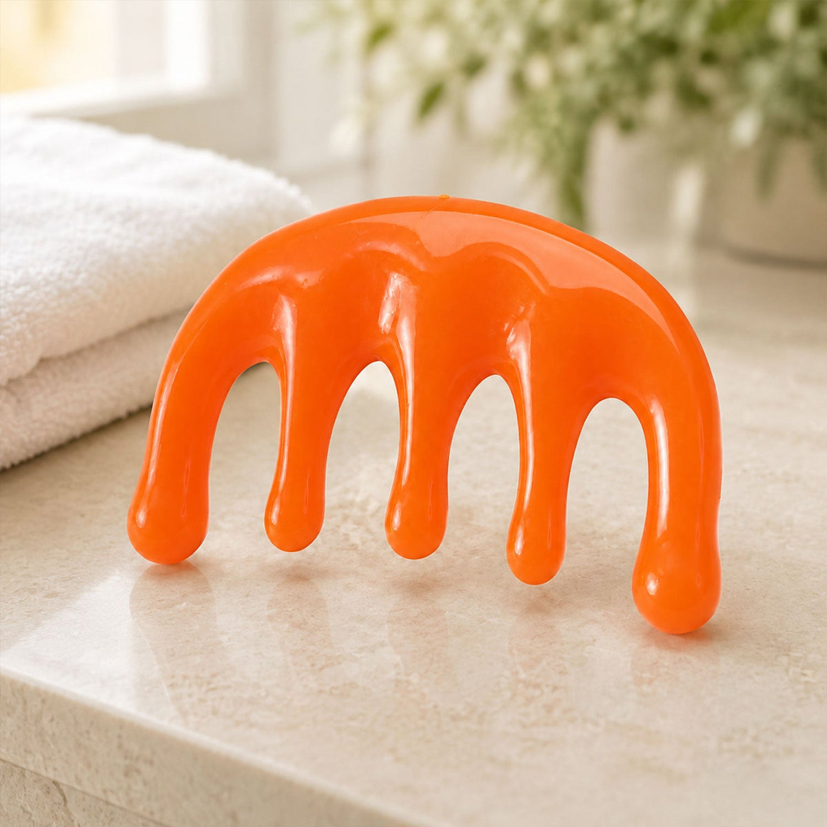 A bright orange plastic scalp massager with five rounded prongs sits on a light marble surface next to a white towel.