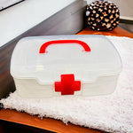 Close-up of the clear lid and internal compartments of the sturdy medicine storage box.