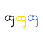 Three plastic finger ring phone holders in black, yellow, and blue on a plain white background.