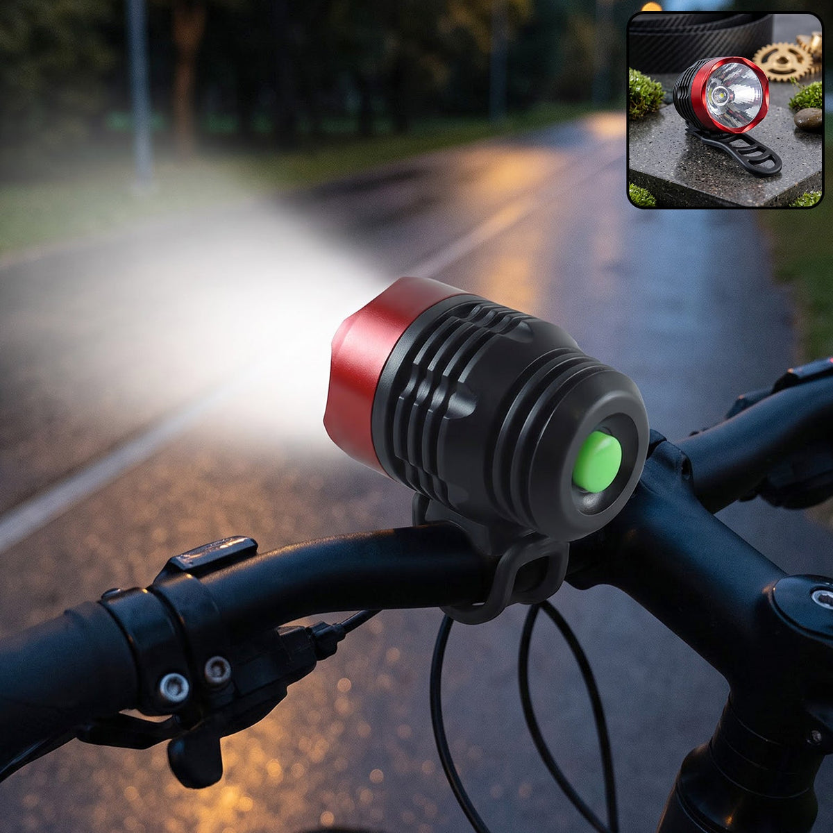 A red and black bicycle headlight with a green button illuminates a dark road from a bike's handlebars.