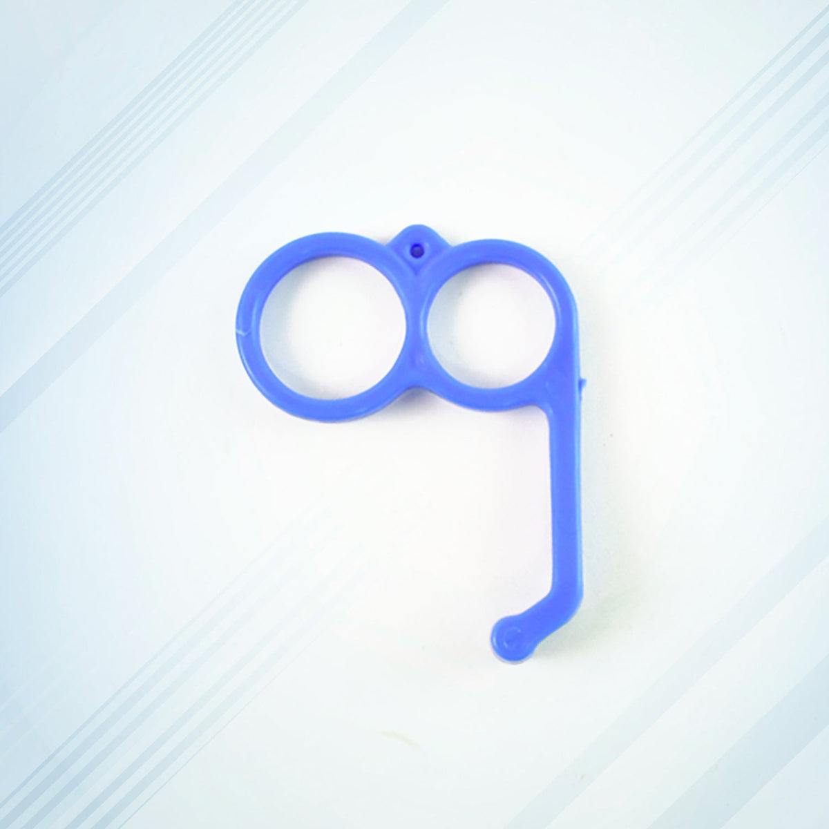 A single blue plastic finger ring phone holder on a light blue and white background.