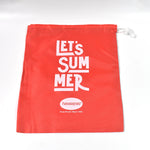 A red drawstring bag with "LET'S SUMMER" and Havaianas logo, laid flat on a plain white background.