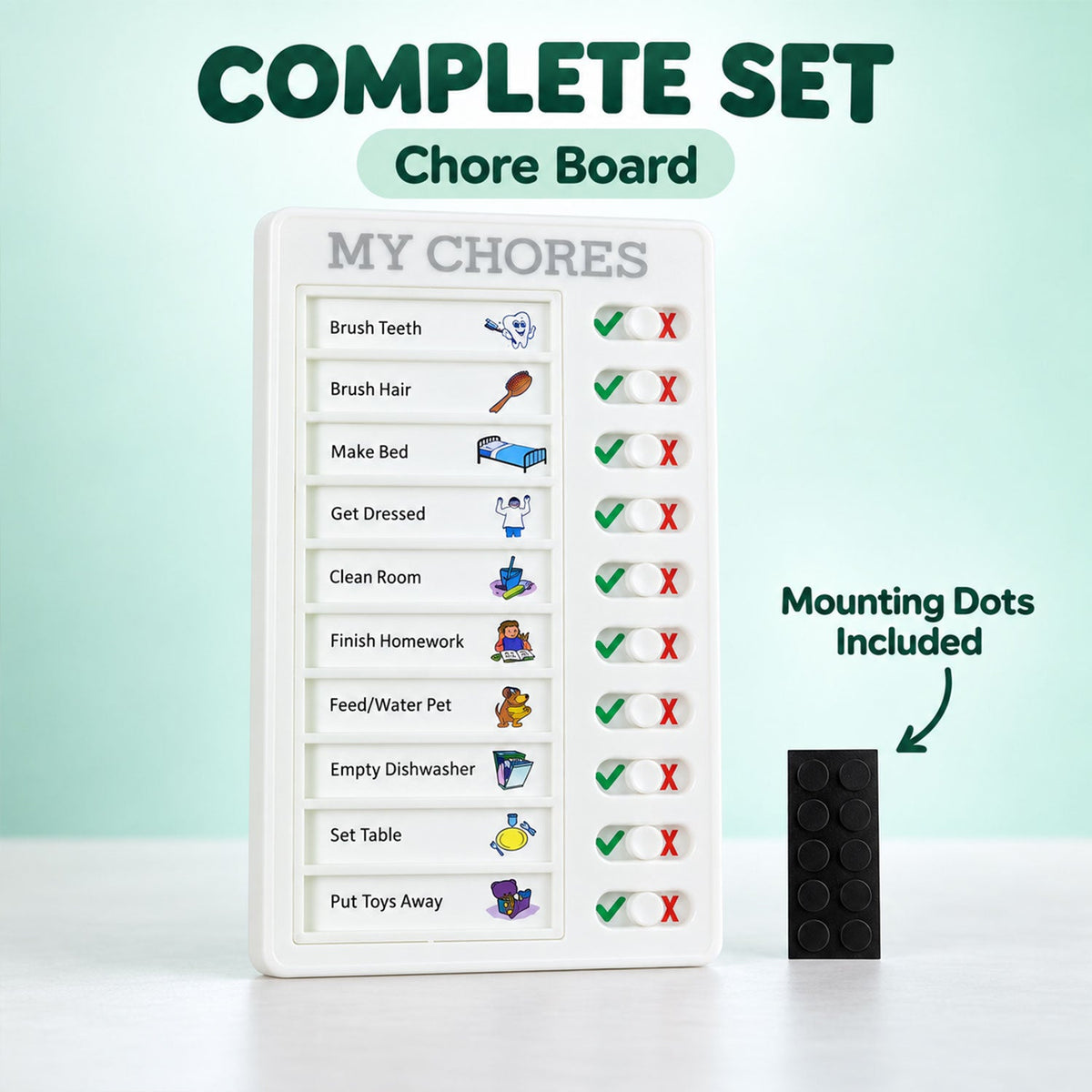 A white chore board with all tasks marked incomplete, next to a black rectangular mounting dot accessory.