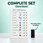 A white chore board with all tasks marked incomplete, next to a black rectangular mounting dot accessory.