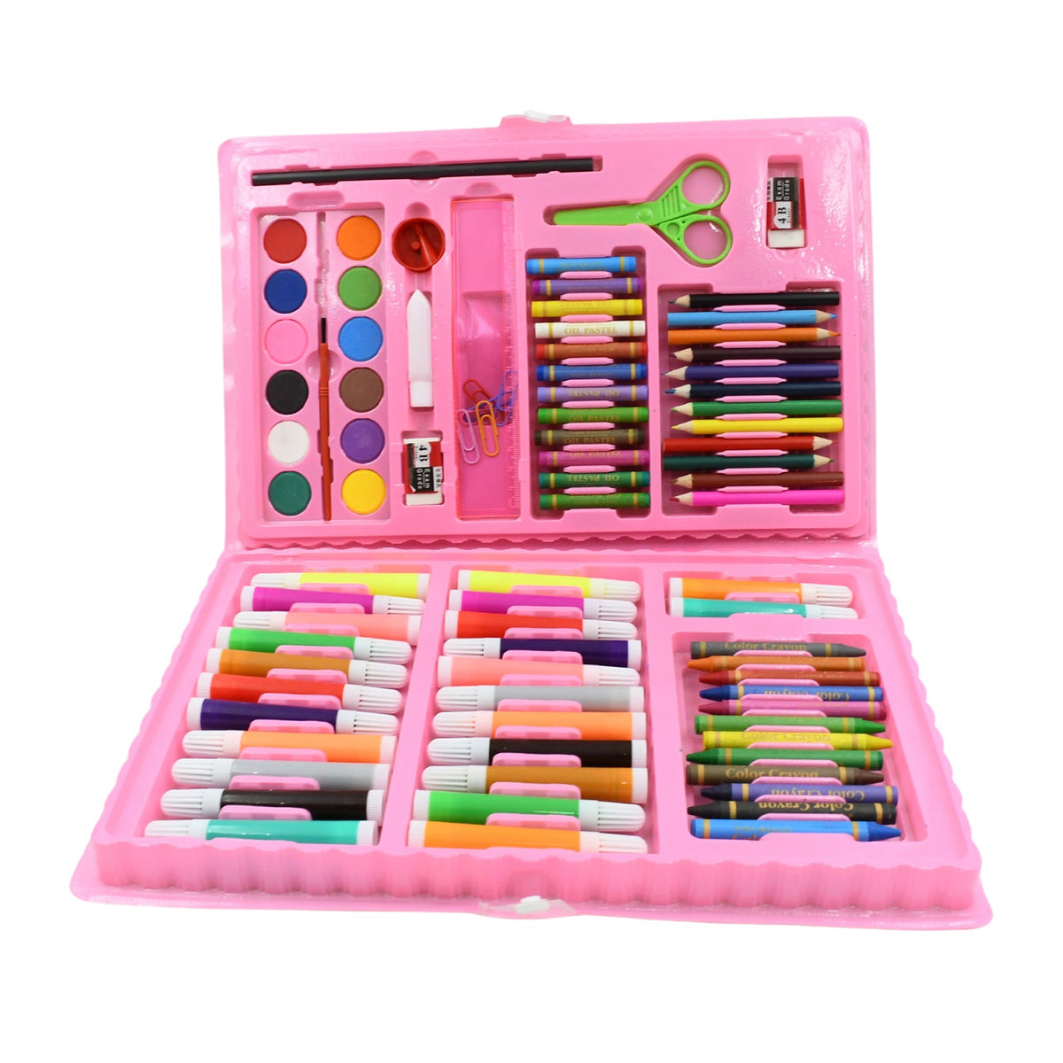 A bright pink art kit, fully open and filled with drawing and painting supplies, is presented against a white background.