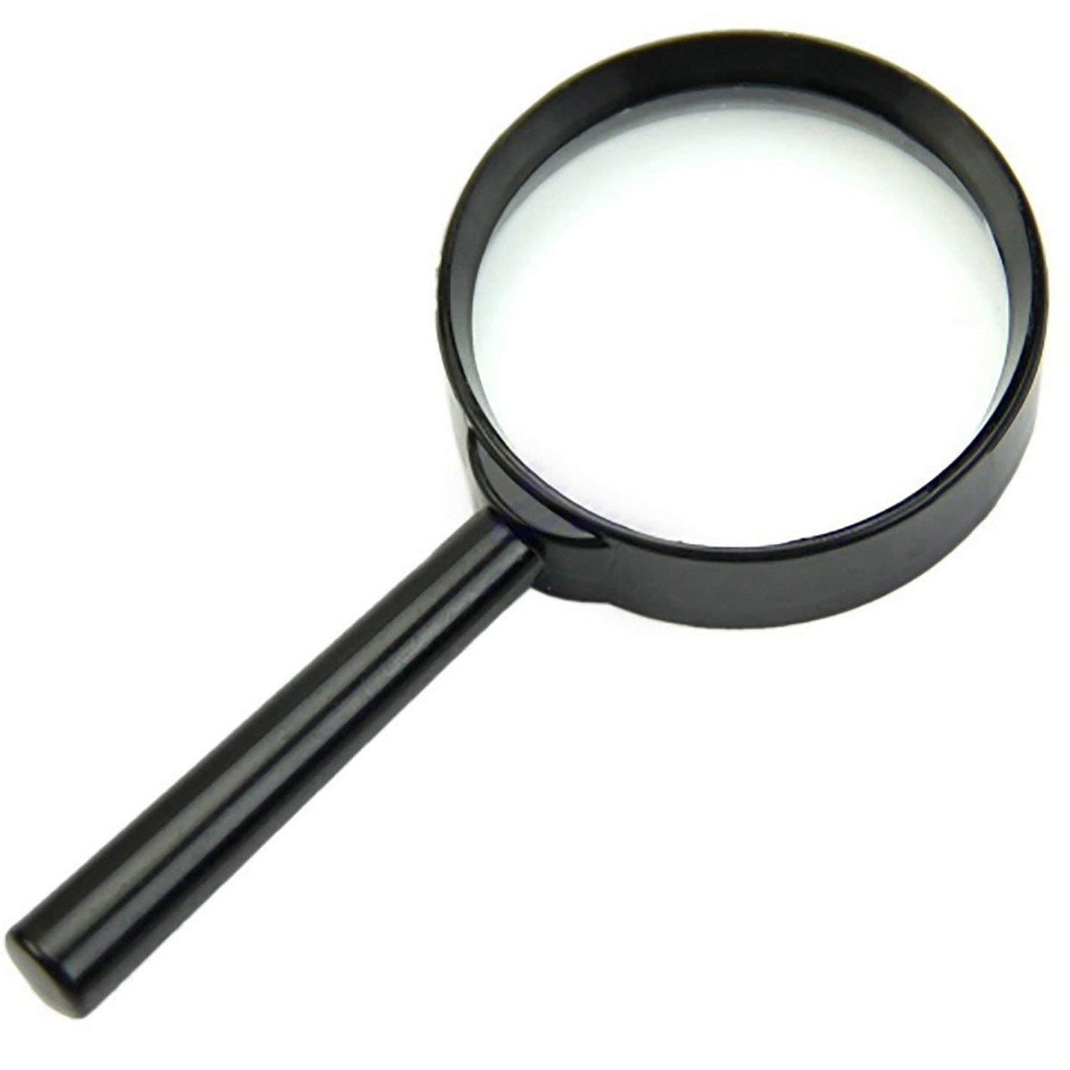 A black magnifying glass with a clear lens and a sturdy handle is shown against a plain white background.